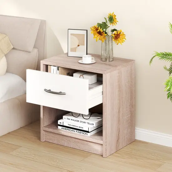 Nightstand with Drawer, Open Shelf, Modern Design and Sturdy Structure Natural & White {3}