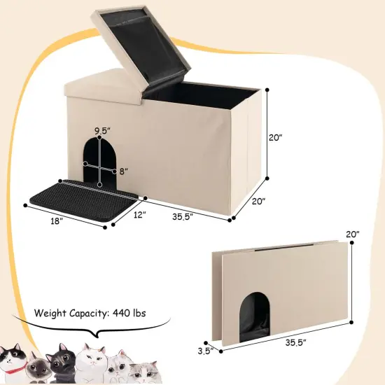 Costway Cat Litter Box Enclosure Hidden Furniture Cat Washroom Shoe Storage Bench Beige/Grey {4}