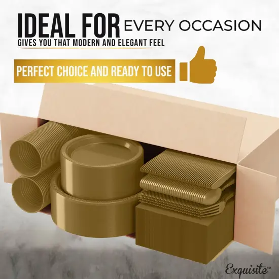 Exquisite 350 Pcs Plastic Plates for Party &ndash; Disposable Plates Set &ndash; 50 Each of 9" Dinner Plates, 7" Dessert Plates, Plastic Cups, Napkins & Plastic Cutlery &ndash; Plastic Dinnerware by Party Solids Gold {3}