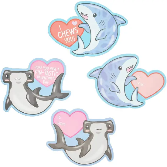 Pipilo Press 36 Pack Cute Shark Animal Valentine's Cards with Envelope, 6 Assorted Heart Designs with 9 Sheets Stickers, Kids Blank Notecards for Classroom Exchange Gift (3.5 x 6 Inch) Blue {4}