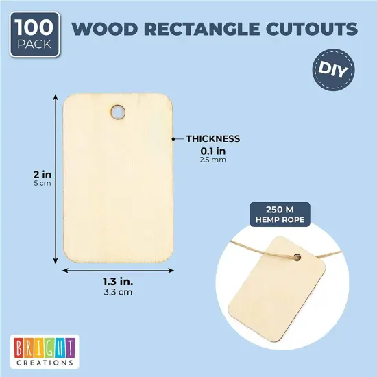 100pcs Unfinished Wood Gift Tags, 1.3" x 2" Rectangle Shaped Hanging Wood Cutouts with Hemp Rope for DIY Craft Projects Brown {2}