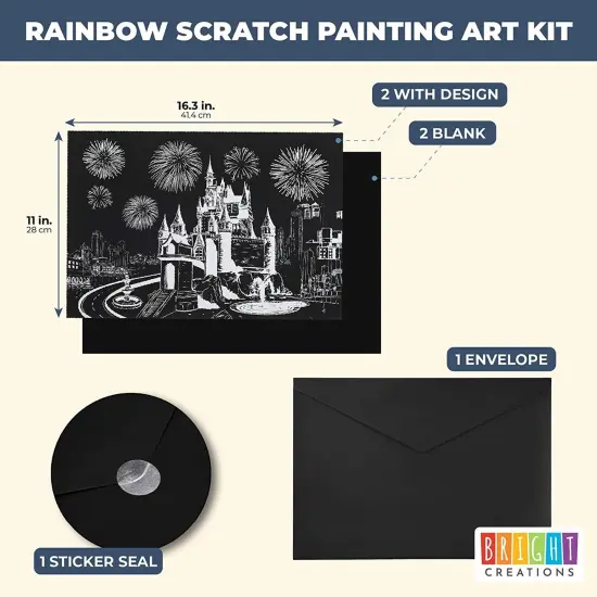 Rainbow Scratch Paper Kit, Whimsical Castle CityScape, Sketch DIY Art Craft, 2 Pcs Castle Designs, 2 Blank Sheets, 4 Tools (16.3 x 11 In) Black {2}