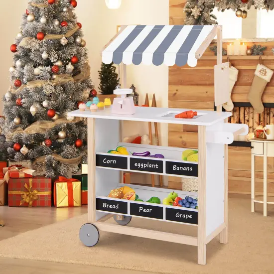 Costway Kids Ice Cream Cart Wooden Toddler Farmers Market Stand with Chalkboard & Storage White/Green {12}