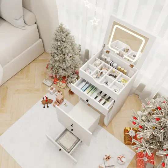 White Flip-Up Vanity Set with LED Mirror, Storage & Rolling Stool {5}
