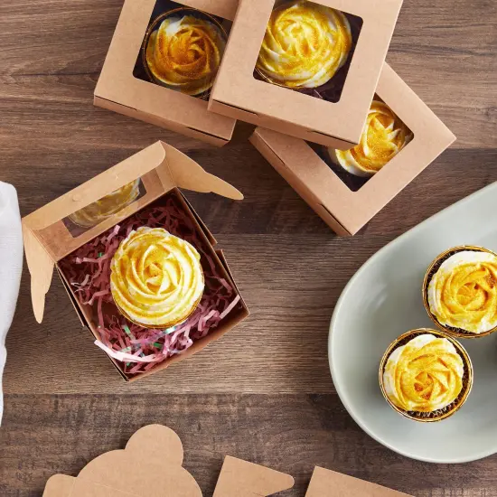 50 Pack 4x4x2.5 Mini Dessert Boxes with Window for Bakery - Baked Goods Packaging Containers for Cupcakes, Cookies, Pastry (Kraft Paper) Brown {3}