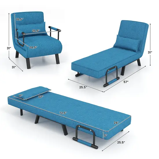 3-in-1 Versatile 6-Positon Adjustable Sleeper Bed with Padded Seat and Back Blue {6}