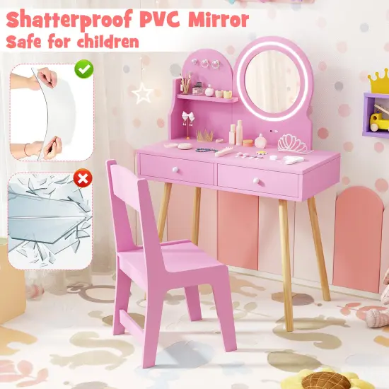 MDF and Pine Wood Kids Princess Dressing Desk with LED Mirror, Storage and Chair Pink {6}