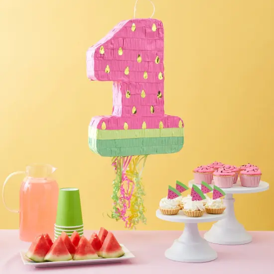 Pull String Number 1 Watermelon Pinata for 1st Birthday Party Supplies, One In A Melon Party Decorations, Baby Shower (Small, 16.5x11x3 In) Pink {2}