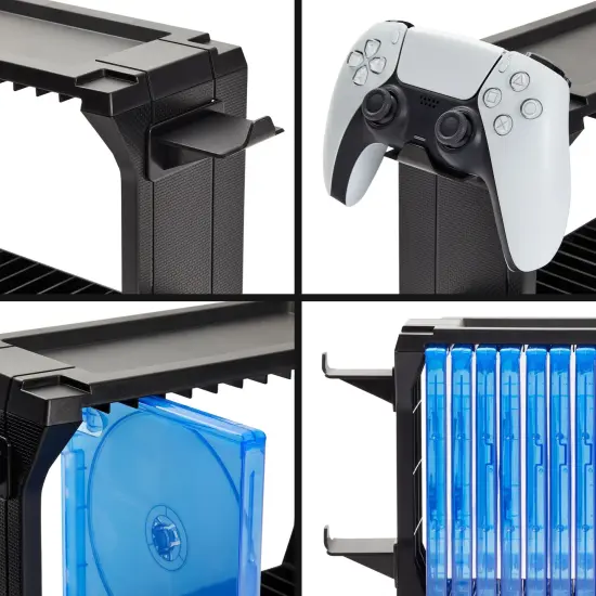 Video Game Storage Stand for Blu-Ray and Game Cases, Fits 4 Controllers, Holds 15 Cases (Black) Blue {3}