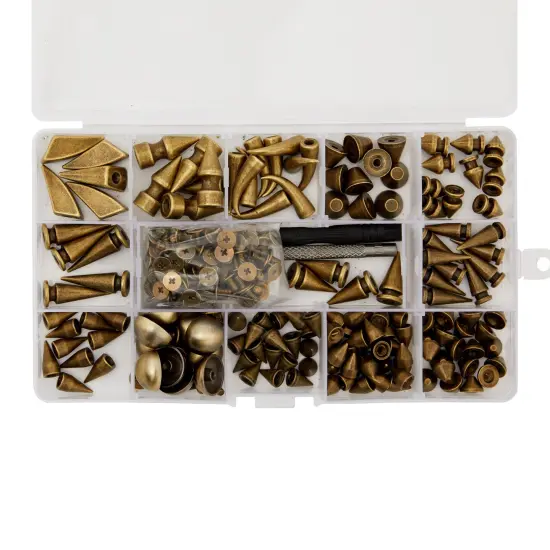 150-Piece Bronze Spikes and Studs Set, 13 Assorted Shapes with Screws, Phillips Screwdriver, Hole Punch Tool, and Plastic Storage Case for Crafts and Clothing Decorations Brown {5}