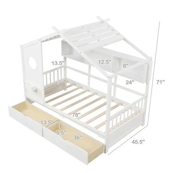 Twin Size Pine Wood House Bed with Storage Drawers, Guardrails and Shelves White {4}