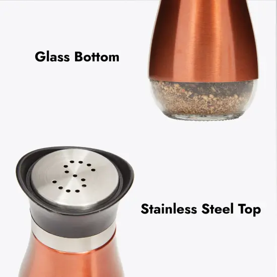 Stainless Steel Copper Salt and Pepper Shakers Set with Glass Bottom, Screw-Off Caps, Perforated "S" and "P" Designs for Kitchen, 2.5 x2.5 x 4.5 Inches (4oz) Gold {4}