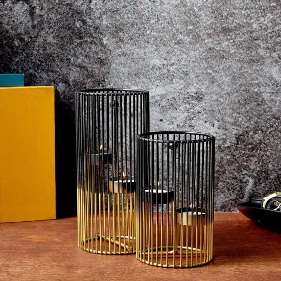 Set of 2 Black and Gold Geometric Candle Holders for Modern Table Decor (2 Sizes) {3}
