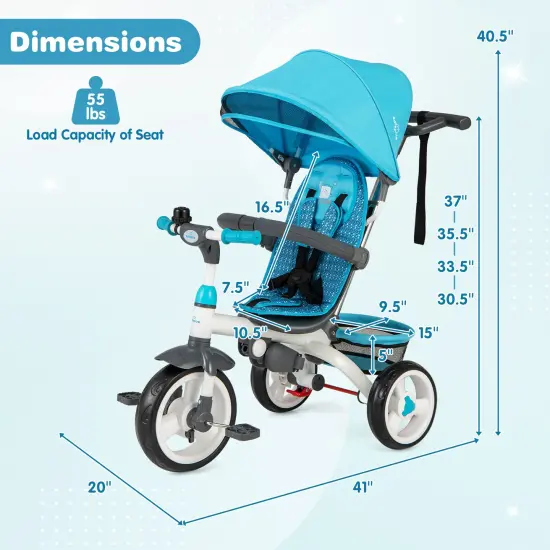 5-in-1 Detachable Baby Stroller Tricycle with Adjustable Sun Protection and Foldable Footrests Blue {4}