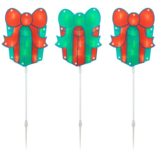 Northlight Lighted Holographic Gift Box Outdoor Christmas Pathway Markers - 24.5" - Set of 3 Red {3}