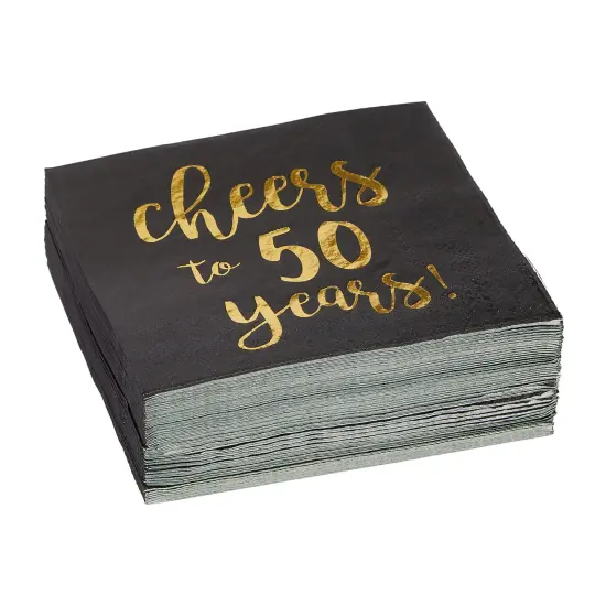 BLUE PANDA 50 Pack Cheers to 50 Years Printed Cocktail Napkins for 50th Birthday and Anniversary - 3-Ply, Black & Gold Foil {5}