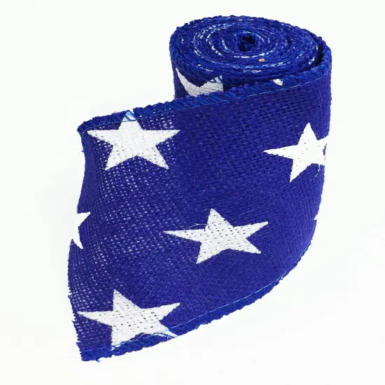 Burlap Ribbon Star Print on Navy Royal Blue, 5inch X 15 Feet roll Natural and Eco-Friendly Product Wall Decor {5}