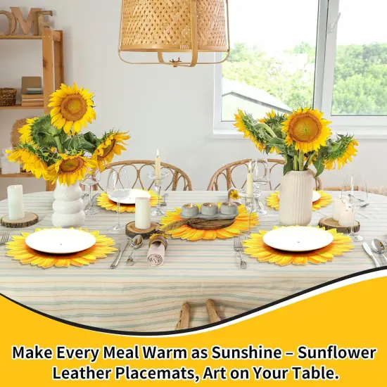 Leather Summer Sunflower Placemats Set of 6 Sunflower Shape Table Mat Washable Summer Floral Place Mats for Spring Tables Home Kitchen Dining Indoor Outdoor Party Gift Harvest Decoration {4}