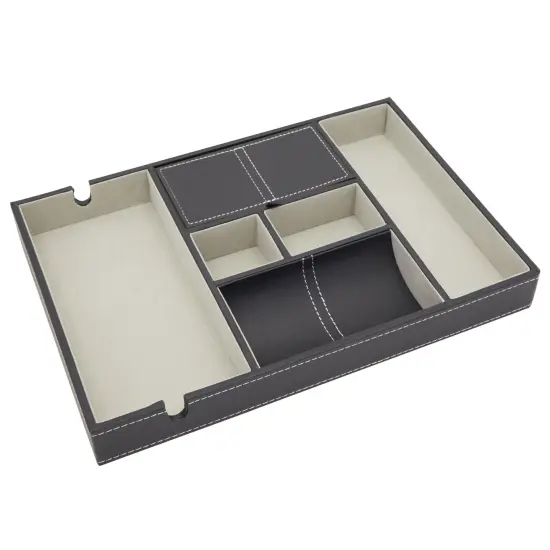 Leather Valet Catchall Tray for Men with 6 Compartments - Bedside Nightstand Organizer for Phones (Black) {6}