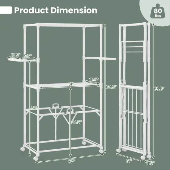 White Foldable Aluminum Drying Shelves Rack with Hanging Rods and Lockable Wheels {5}
