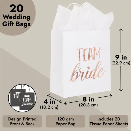 20 Pack Bride and Groom Gift Bags with Tissue Paper for Wedding, Groomsmen, Bridesmaid, Reads Team Bride and Team Groom (8 x 4 x 9 In) {5}