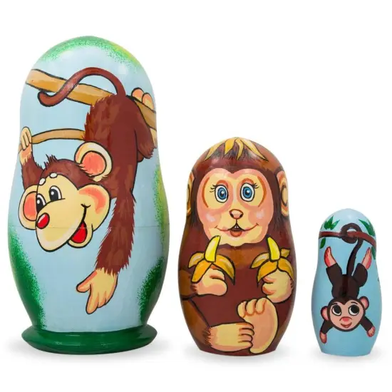 Set of 3 Smiling Monkeys Wooden Nesting Dolls 4.25 Inches {1}