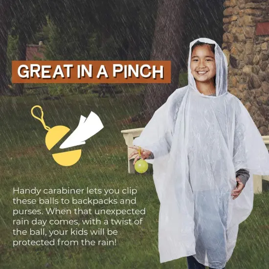 4 Pack Disposable Rain Ponchos for Kids with Hood and Attachable Round Case, Clear Plastic Raincoats for Emergency, Girls, Boys (White) {5}