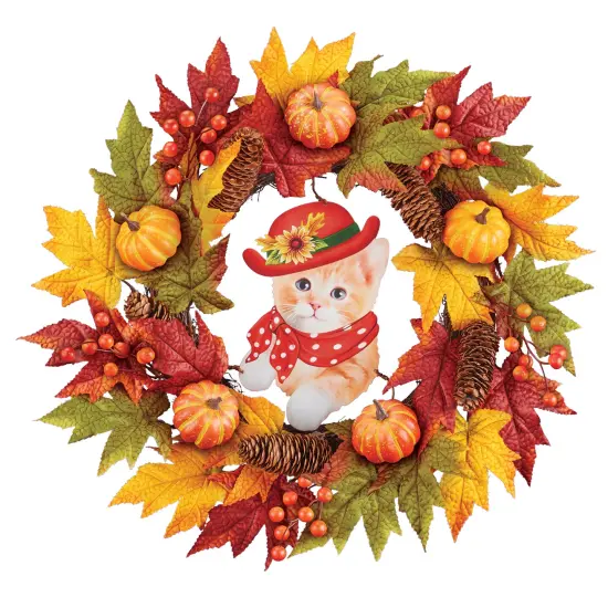 Collections Etc Charming Autumn Cat Artificial Leaves and Pumpkins Hanging Wreath {2}