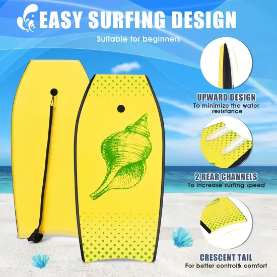 Yellow Bodyboard XPE EPS HDPE Crescent Tail Leash Lightweight Buoyant {5}