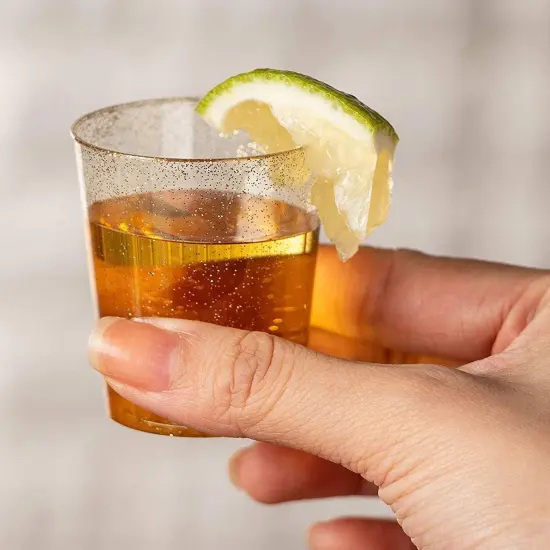 100 Pack Gold Glitter Plastic Shot Glasses, 2oz Cups for Weddings, Birthday Parties Brown {4}