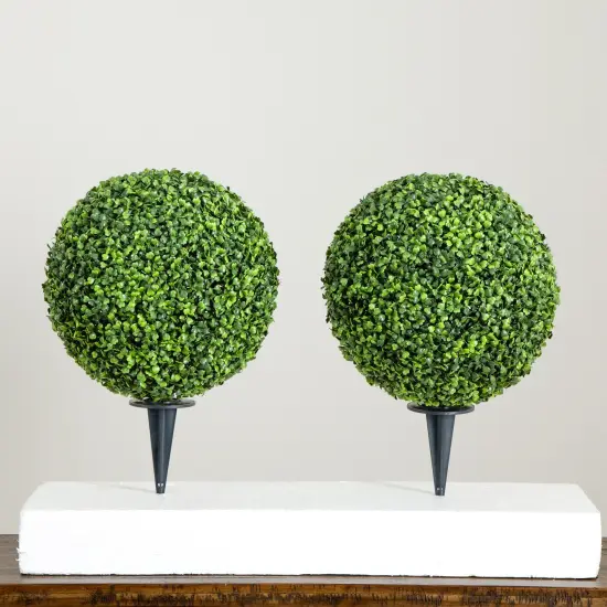 Nearly Natural Boxwood Ball Topiary Artificial Outdoor Plants - 14" - Set of 2 Green {1}