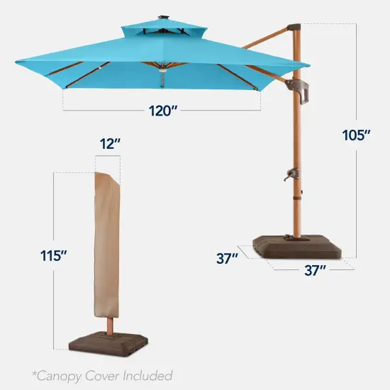 Best Choice Products 10ft Square Woodgrain Pattern 2-Tier Outdoor Solar LED Cantilever Umbrella w/ Base Sky Blue {2}