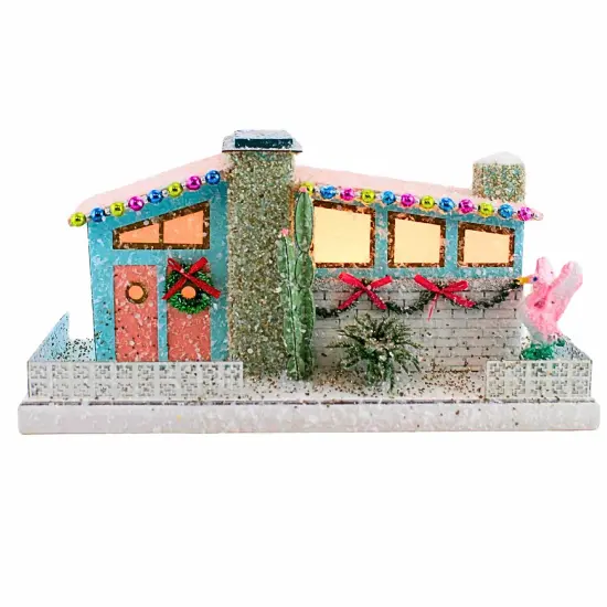 Cody Foster 6.0 Inch Blue Palm Springs House Christmas Putz House , Christmas Decor Mid Century Modern Flamingo Multicolored {1}