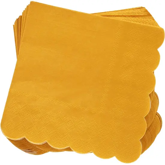 100 Pack Mustard Yellow Paper Napkins - Scalloped Cocktail Napkins, Disposable for Wedding, Birthday Party (5x5 In) {1}