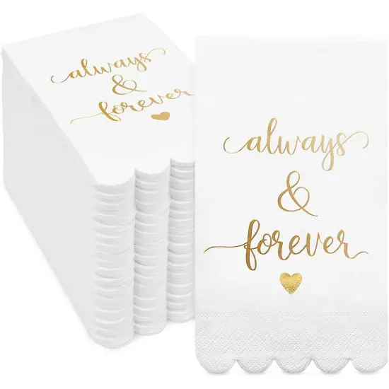 100 Pack White Napkins for Wedding Reception with Gold Foil Scalloped Edges, Always and Forever (3-Ply, 4 x 8 In) {1}