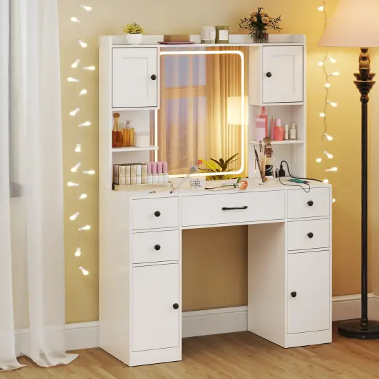 White Vanity Set with LED Mirror, Charging Station & Ample Storage {2}