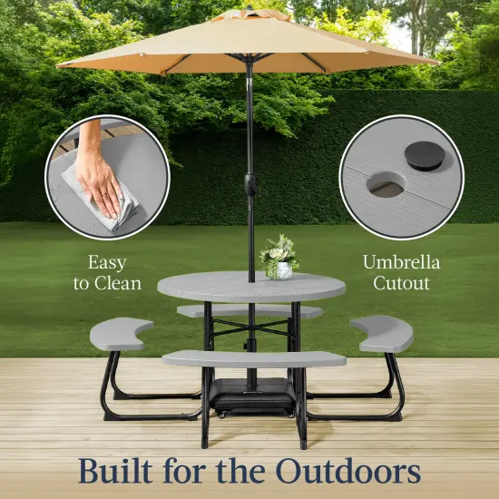 Best Choice Products 8-Person Circular Outdoor Picnic Table w/ 4 Benches, Umbrella Hole, 2000lb Capacity Light Gray {4}