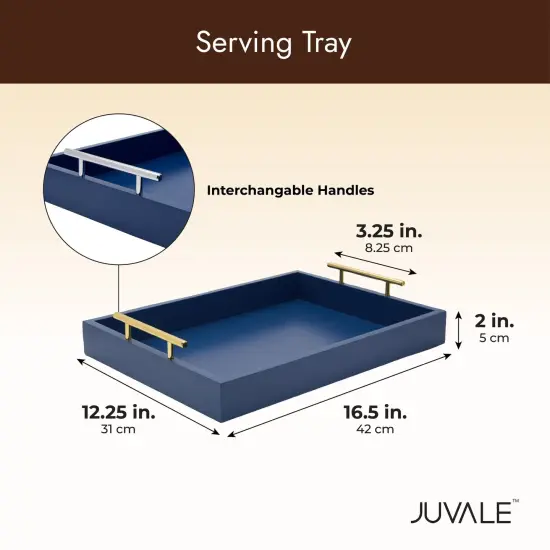 Blue Serving Tray for Coffee Table, 16x12" with Coasters, Decorative Interchangeable Gold and Silver Handles {7}