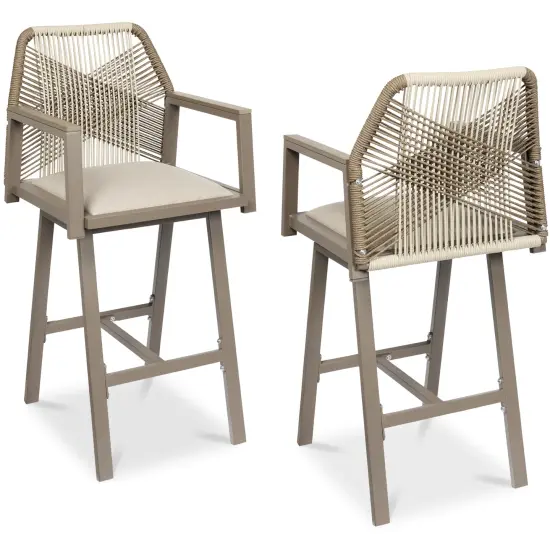 Best Choice Products Set of 2 Indoor/Outdoor Aluminum, Woven Rope Swivel Barstools w/ Armrests Taupe/Sandstorm {1}