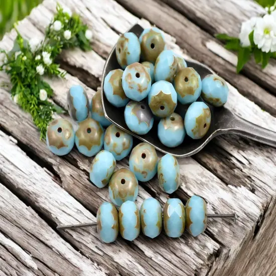 *25* 6x8mm Opaque Robins Egg Picasso Fire Polished Rondelle Beads {1}