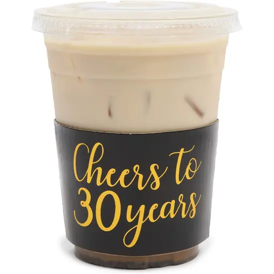 Cheers to 30 Years Coffee Cup Drink Sleeves for 30th Anniversary or Birthday, Fits 12-16 oz Cups (Gold Foil, 50 Pack) Black {6}