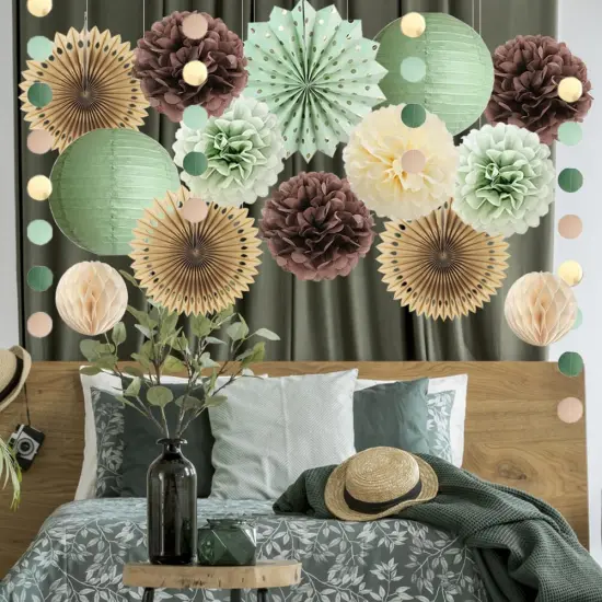 Sage Green and Brown Party Decorations Baby Shower Decorations Sage Green Beige Brown Tissue Paper Pom Poms Lanterns for Sage Green and Brown Birthday Bridal Shower Wedding Room Decor {4}