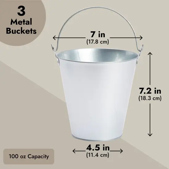 3 Pack Galvanized Metal Ice Buckets for Parties, 7 Inch Tin Pails with Handles for Beer, Wine, Champagne, Home Decor, Table Centerpieces, Wedding Decorations, (100 Oz) Silver {3}