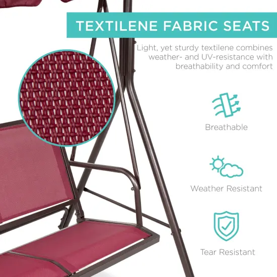 Best Choice Products 2-Seater Outdoor Adjustable Canopy Swing Glider Patio Bench w/ Textilene, Steel Frame Burgundy {2}