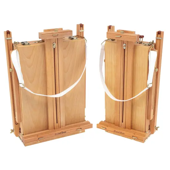 Grand Luxe French Easel - Oiled Beechwood Artist Easel with Brass Fittings, Adjustable Dividers, and Wood Palette- Plein Air Easel w/ Leather Handle and Linen Strap for Canvases up to 34" High {5}