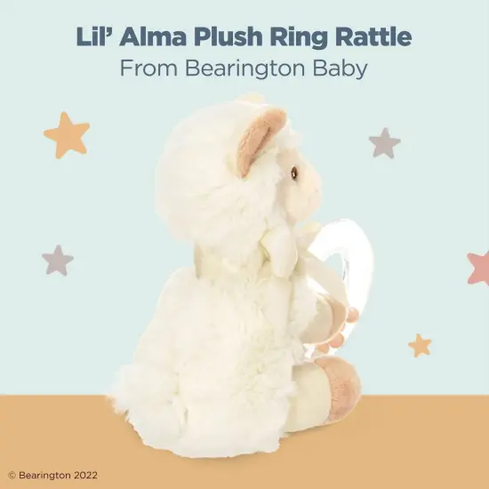 Bearington Baby Lil&rsquo; Alma Stuffed Animal Rattle: 5.5&rdquo; Llama Shaker Toy with Soft Plush Faux-Fur, Satin Bow, Clear Ring and Moving Beads; Makes a Great Baby Shower Gift White {2}