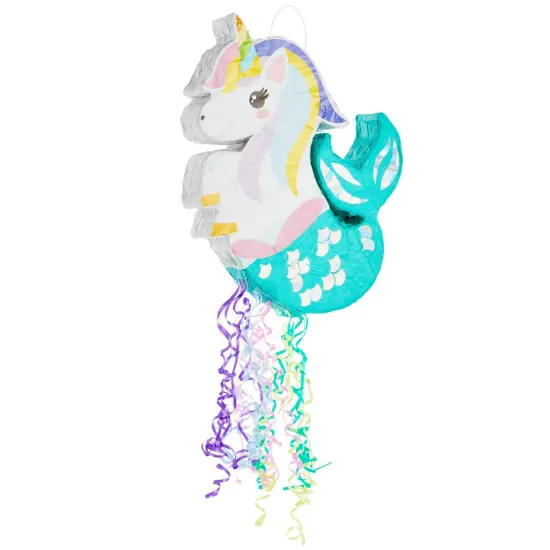 Unicorn Mermaid Pinata - Pull String Pinata for Girls Under the Sea Party Decorations, Rainbow Birthday (Small, 16.5x13x3 In), For Ages 3+ Blue {1}