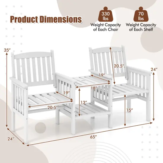 Fir Wood Loveseat Patio Bench with Umbrella Hole, 2-tier Table and Slatted Chairs White {5}