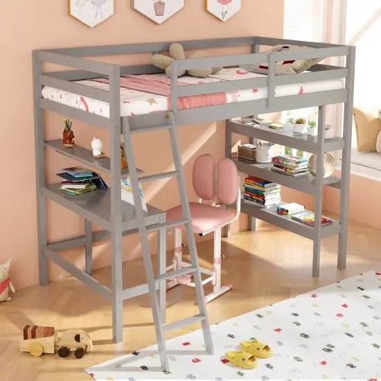 Twin Loft Bed with Desk and Bookshelves for Kids and Teens Gray {2}