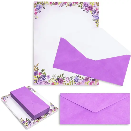 Purple Watercolor Floral Stationery Paper and Envelopes Set (8.5 x 11 In, 48 Pack) {1}